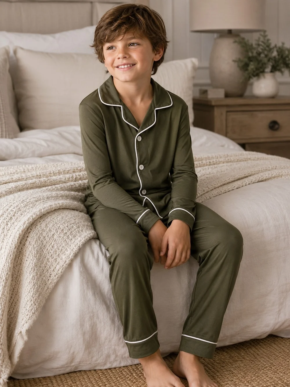 Cozy Earth Kids Bamboo Stretch-Knit Pajama Set Olive 9/10 NWT